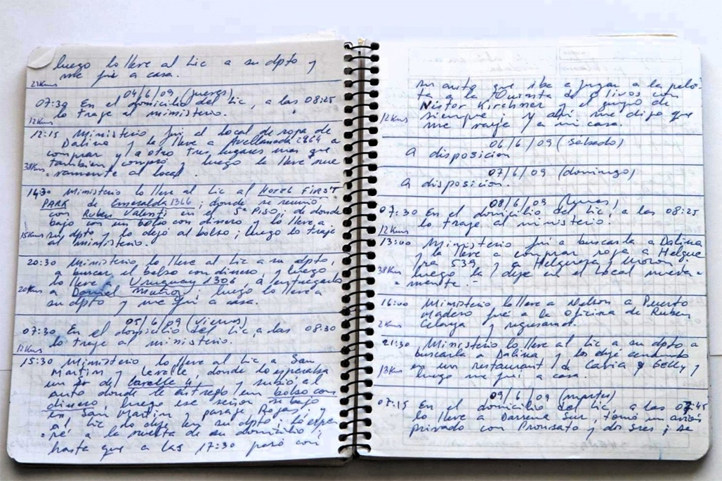 Algunas de las anotaciones del chofer imputado, Oscar Centeno.