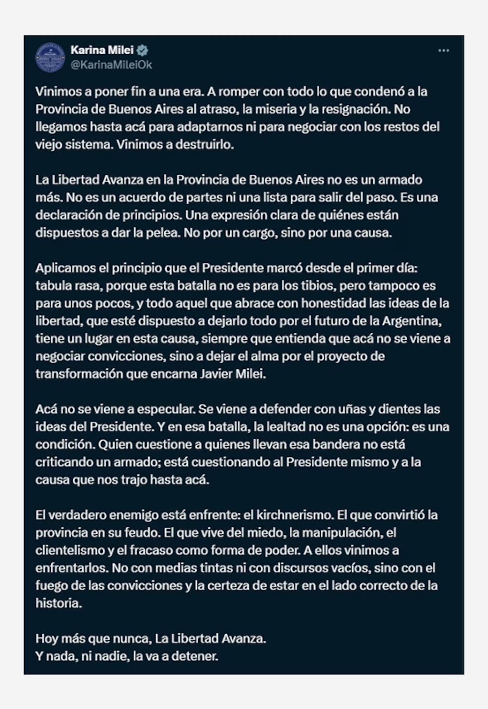 El tweet de Karina Milei de la semana pasada sobre el cierre de listas en Provincia de Buenos Aires