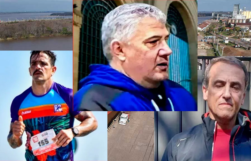 En el centro el empresario Gastón Tallone; José Uriburu, uno de los imputados, corriendo una maratón y Gustavo Juliá, el empresario detenido en Vicente López. De fondo, el puerto de Concepción del Uruguay.