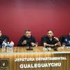 El ministro de Seguridad y Justicia, Néstor Roncaglia, presidió la conferencia de prensa acompañado por el jefe de la Policía de Entre Ríos, Claudio González, y el jefe departamental de Gualeguaychú, Luis Alberto Báez.