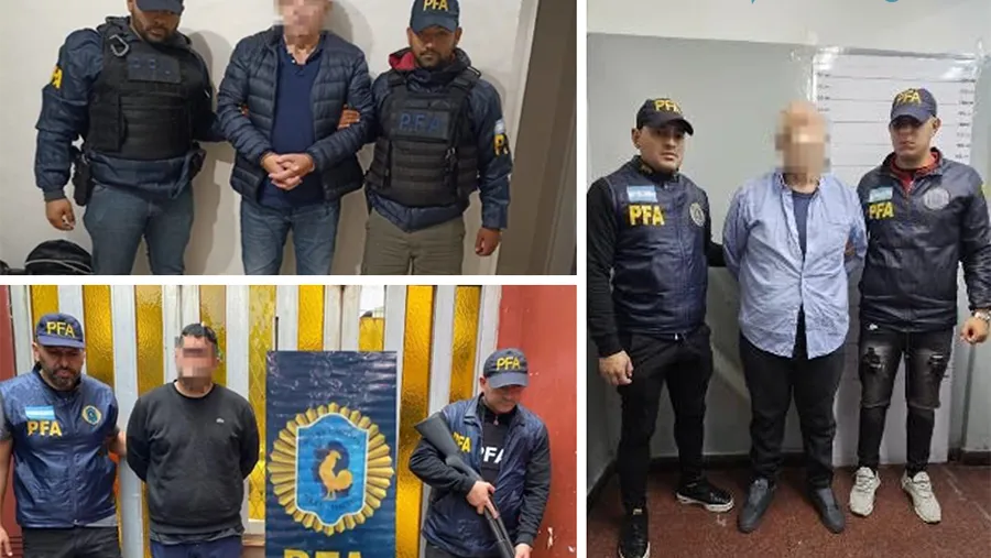 El presunto líder de la banda, Claudio Daniel Coto (arriba); el mecánico Néstor Adrián Santabaya (a la derecha); y su hijo remisero y parrillero Nicolás Adrián Santabaya (abajo) durante sus detenciones en diciembre de 2023. Foto: Policía Federal.