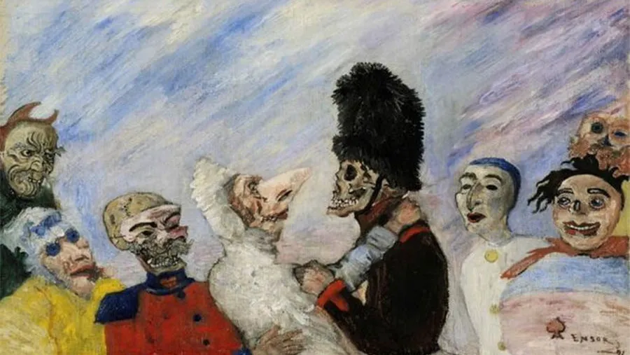Esta obra se titula “Esqueleto deteniendo máscaras” y pertenece al pintor belga James Ensor.
