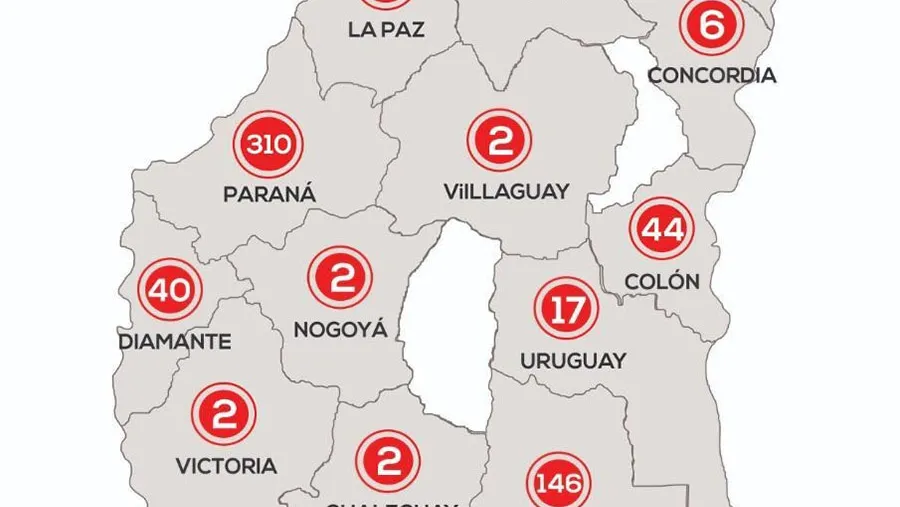 El mapa actualizado de casos de coronavirus confirmados discriminado por Departamento.