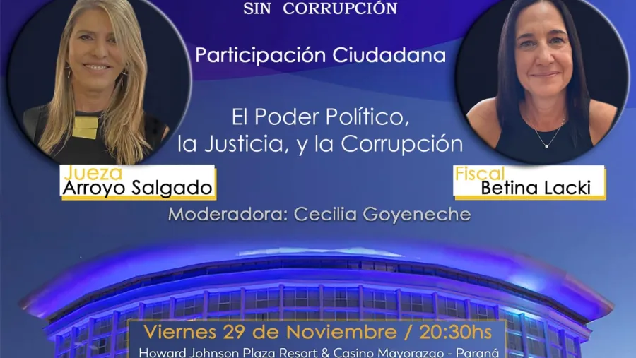 El panel "El poder político, la Justicia y la Corrupción", organizado por "Entre Ríos sin Corrupción", se llevará a cabo el 29 de noviembre en Paraná, con la participación de la jueza federal Sandra Arroyo Salgado y la fiscal Betina Lacki.