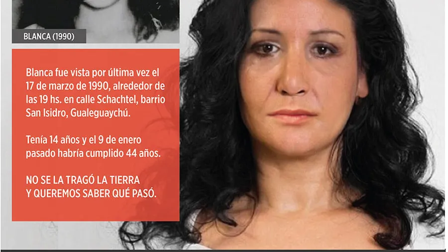 Blanca habría cumplido 44 años el 9 de enero pasado. Quien cuente con información se ruega comunicarse al 911 o al Juzgado de Garantías Nº 2 a cargo del juez Ignacio Boris Telenta (3446) 426140.