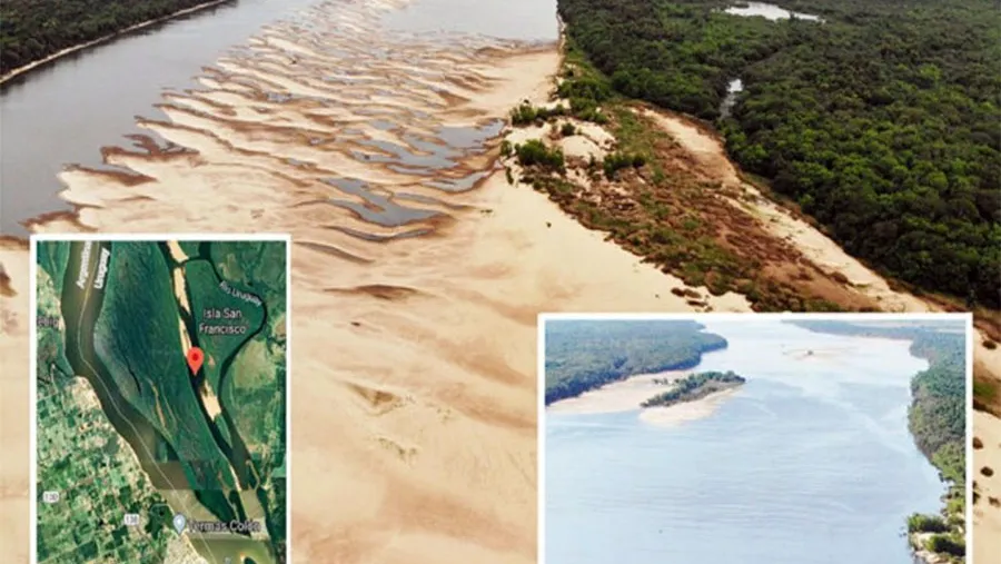 Un montaje de fotos publicado este domingo en la portada del diario El Telégrafo de Paysandú, ciudad uruguaya vecina a Colón, muestra cómo se encuentra actualmente el lecho del río -prácticamente seco-, en el tramo comprendido entre las islas Queguay Grande (a la izquierda de la foto) y Queguay Chica (a la derecha).