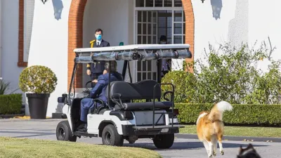 Alberto Fernández con Dylan y Prócer, sus perros collie, camino a Jefatura.