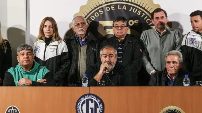 Los miembros del triunvirato de la CGT, Pablo Moyano, Héctor Daer y Carlos Acuña.