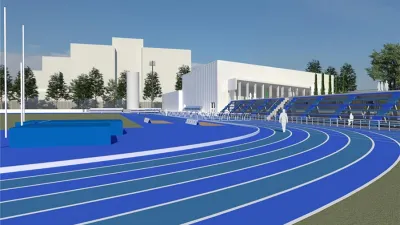 Maqueta de la pista de atletismo de alto rendimiento del Parque Berduc, que tiene un presupuesto de más de 619 millones de pesos y un plazo de ejecución de 15 meses.