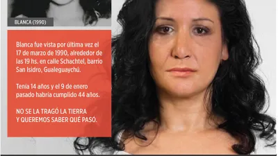 Blanca habría cumplido 44 años el 9 de enero pasado. Quien cuente con información se ruega comunicarse al 911 o al Juzgado de Garantías Nº 2 a cargo del juez Ignacio Boris Telenta (3446) 426140.
