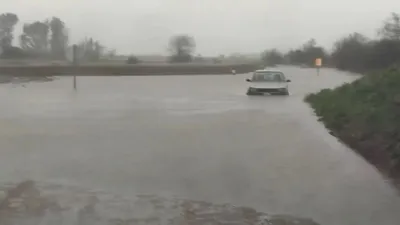 auto varado camino inundado