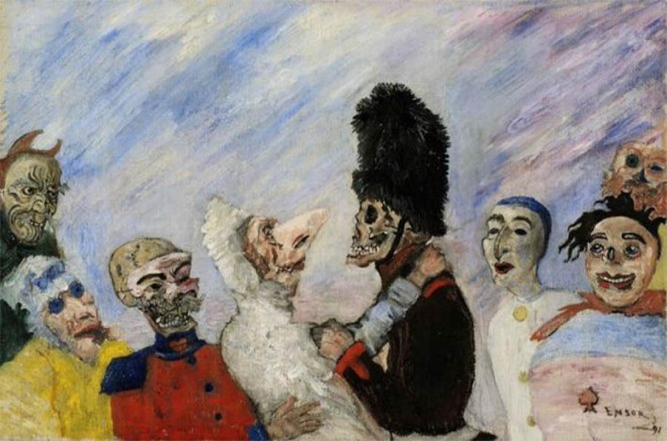 Esta obra se titula “Esqueleto deteniendo máscaras” y pertenece al pintor belga James Ensor.