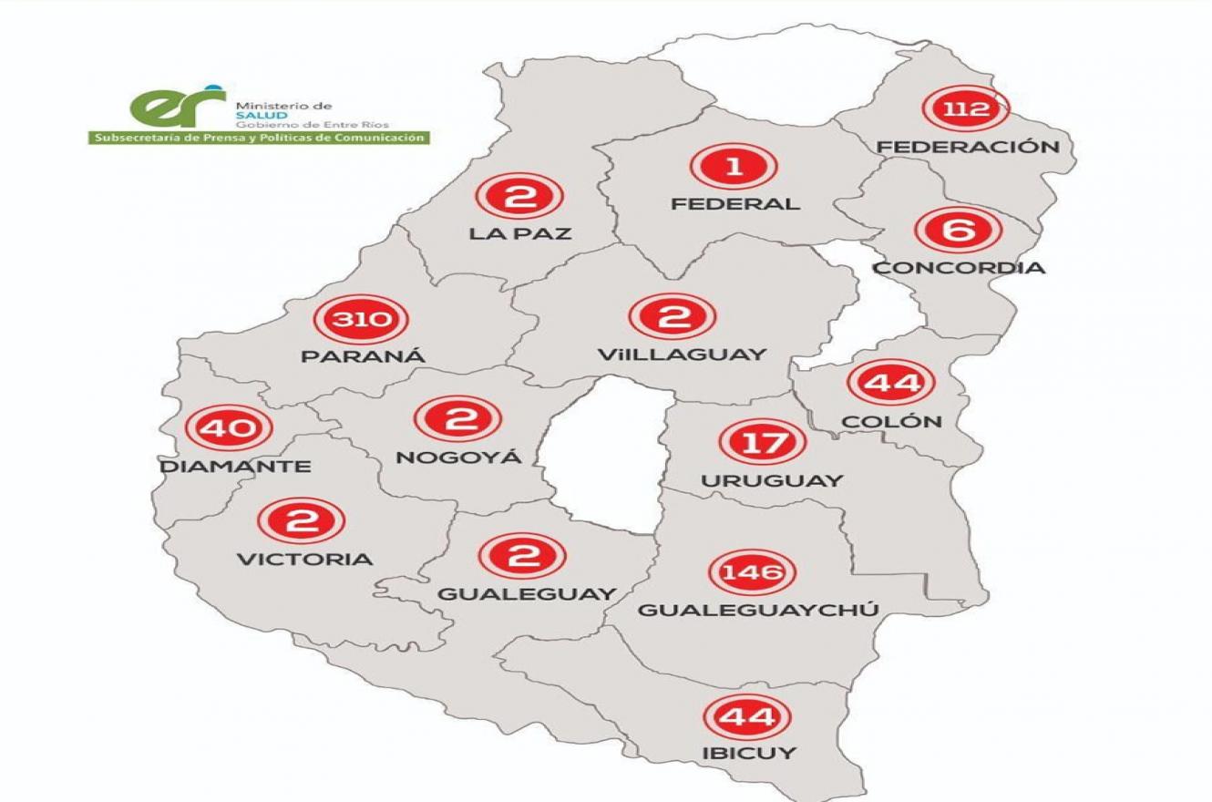 El mapa actualizado de casos de coronavirus confirmados discriminado por Departamento.