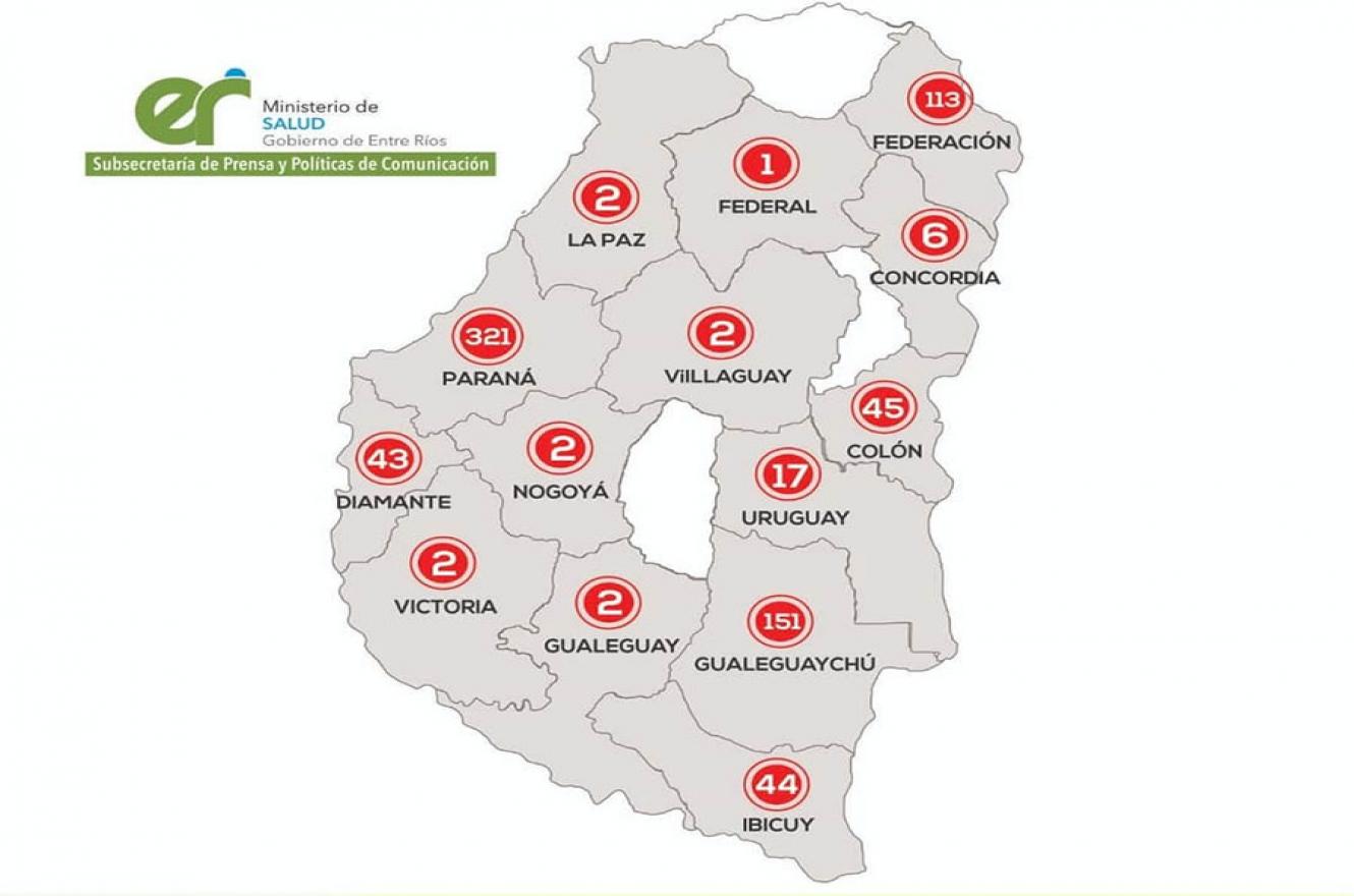 El mapa actualizado de casos de coronavirus confirmados discriminado por Departamento. Tala, San Salvador y Feliciano son los únicas tres que no presentan casos hasta el momento.