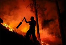 Un hombre parte de un grupo de bomberos y vecinos combate un incendio forestal en Intiyaco, provincia de Córdoba, el 23 de septiembre de 2024.