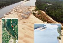 Un montaje de fotos publicado este domingo en la portada del diario El Telégrafo de Paysandú, ciudad uruguaya vecina a Colón, muestra cómo se encuentra actualmente el lecho del río -prácticamente seco-, en el tramo comprendido entre las islas Queguay Grande (a la izquierda de la foto) y Queguay Chica (a la derecha).